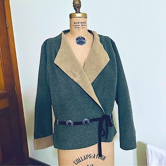 Catwear, Maine southwest boho wrap fleece cardigan - tan and green size large - Picture 4 of 10